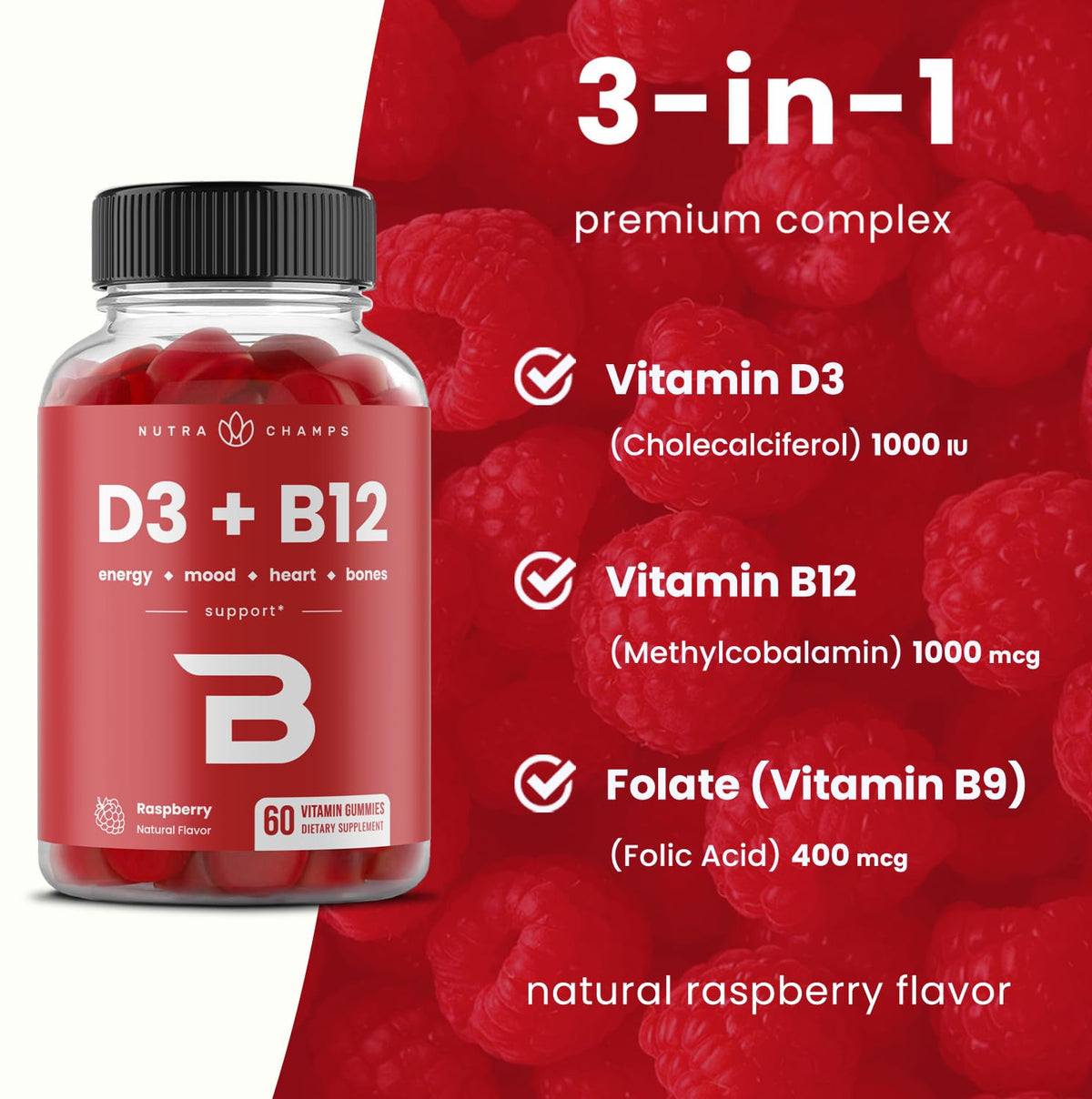 NutraChamps Gummies Vitamine D3 et B12, gummies en main