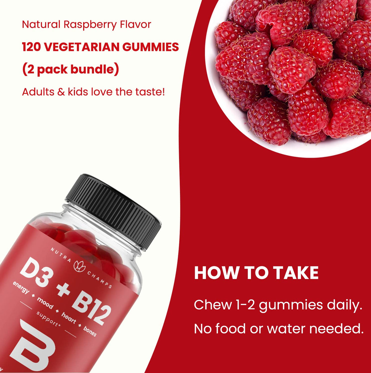 NutraChamps Gummies Vitamine D3 et B12, vue de côté de l'emballage