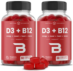 NutraChamps Gummies Vitamine D3 et B12 vue de face, emballage framboise