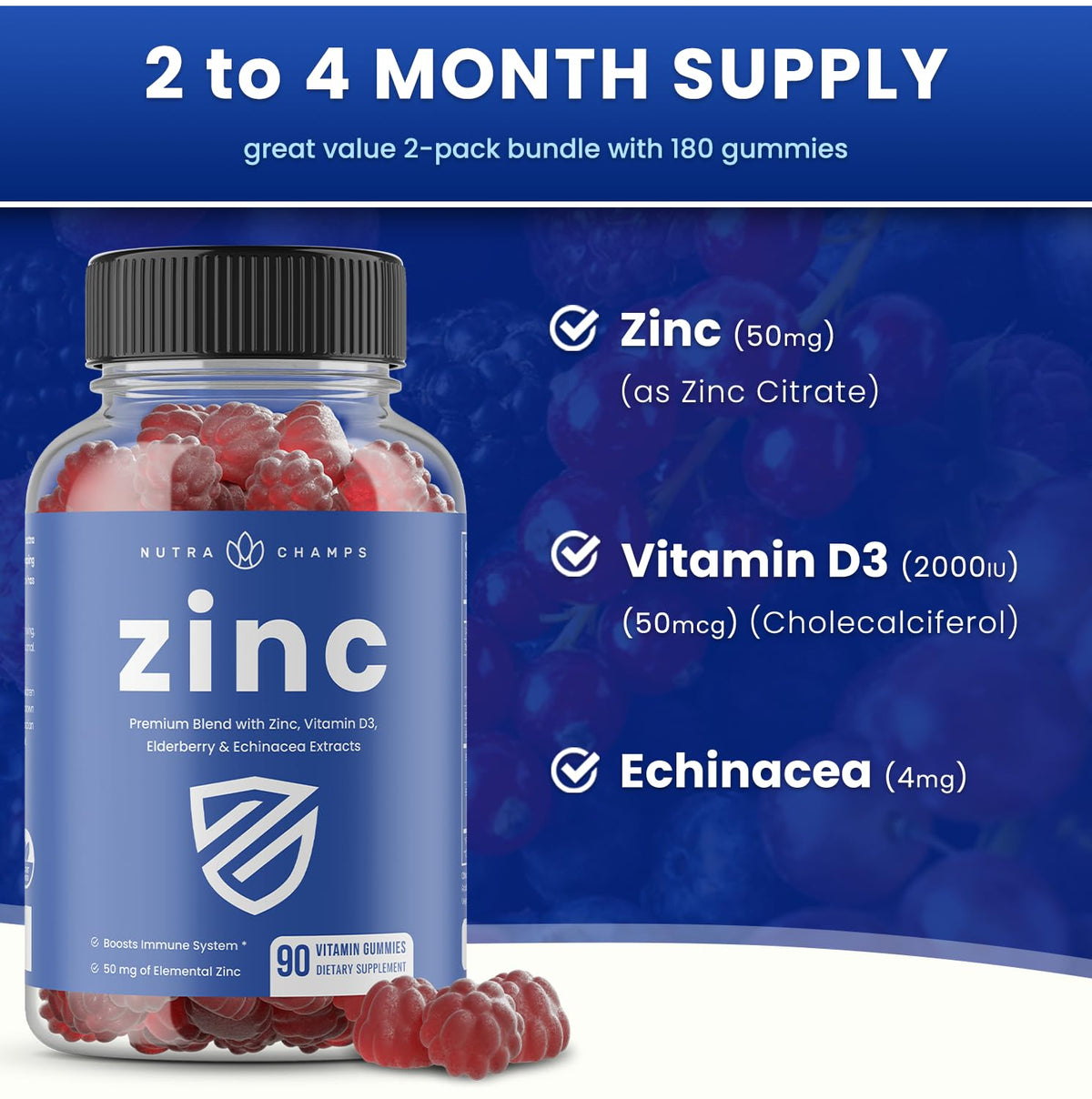 NutraChamps gummies Zinc 50mg, gummies en gros plan