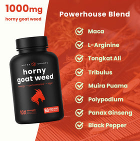 NutraChamps Horny Goat Weed 1000mg vegan capsules on a table