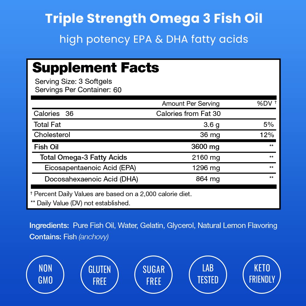 NutraChamps Huile de Poisson Omega 3 3600 mg gélules avec arôme de citron