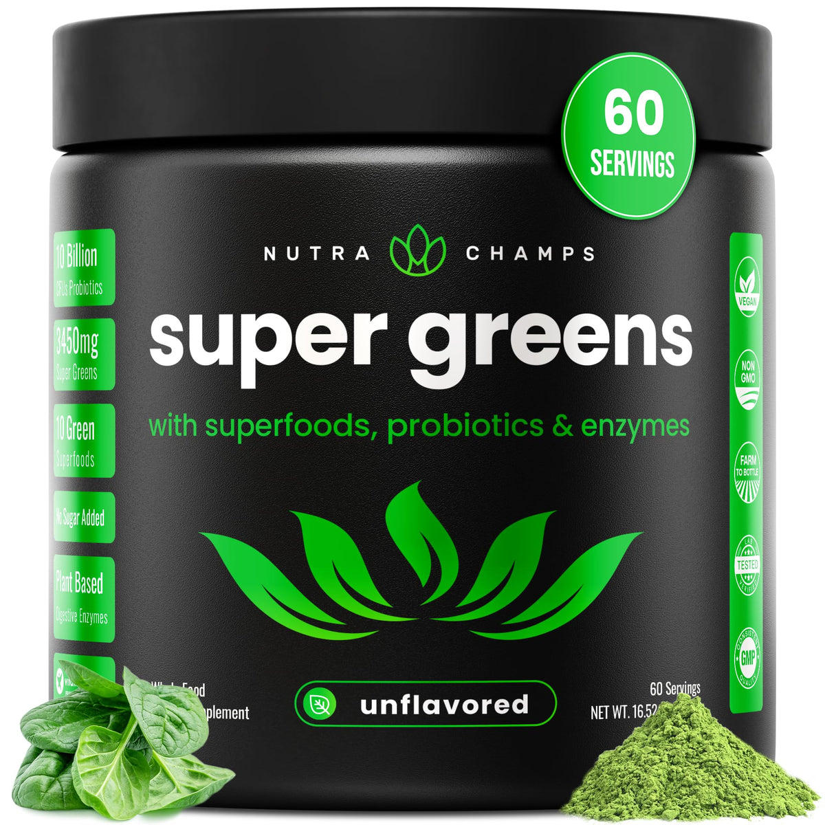 NutraChamps Poudre Super Greens vue de face avec emballage