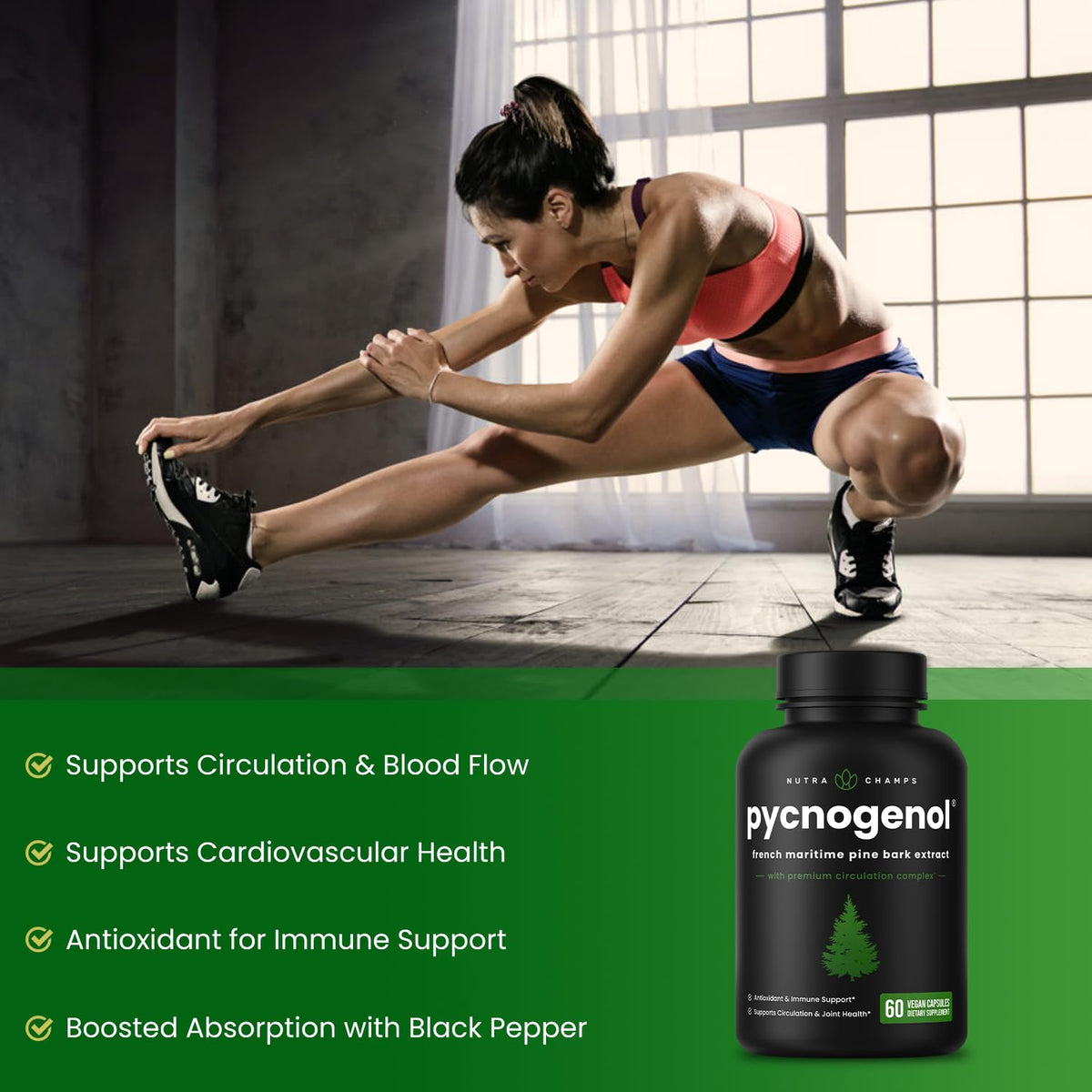 NutraChamps Pycnogenol extrait de pin maritime avec bouteille ouverte