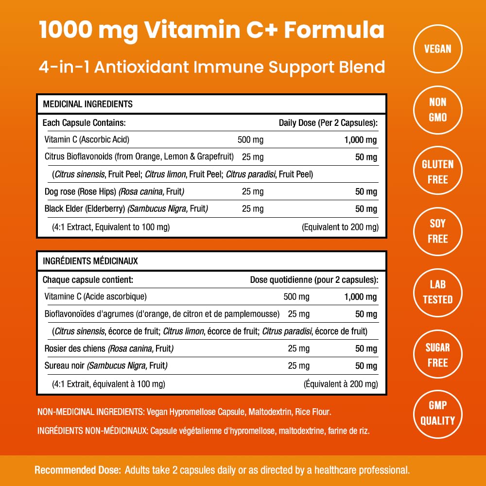 NutraChamps Vitamine C capsules avec description des ingrédients