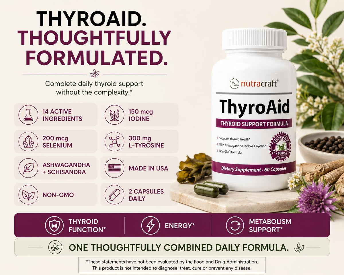 Nutracraft ThyroAid sur une table avec des éléments naturels