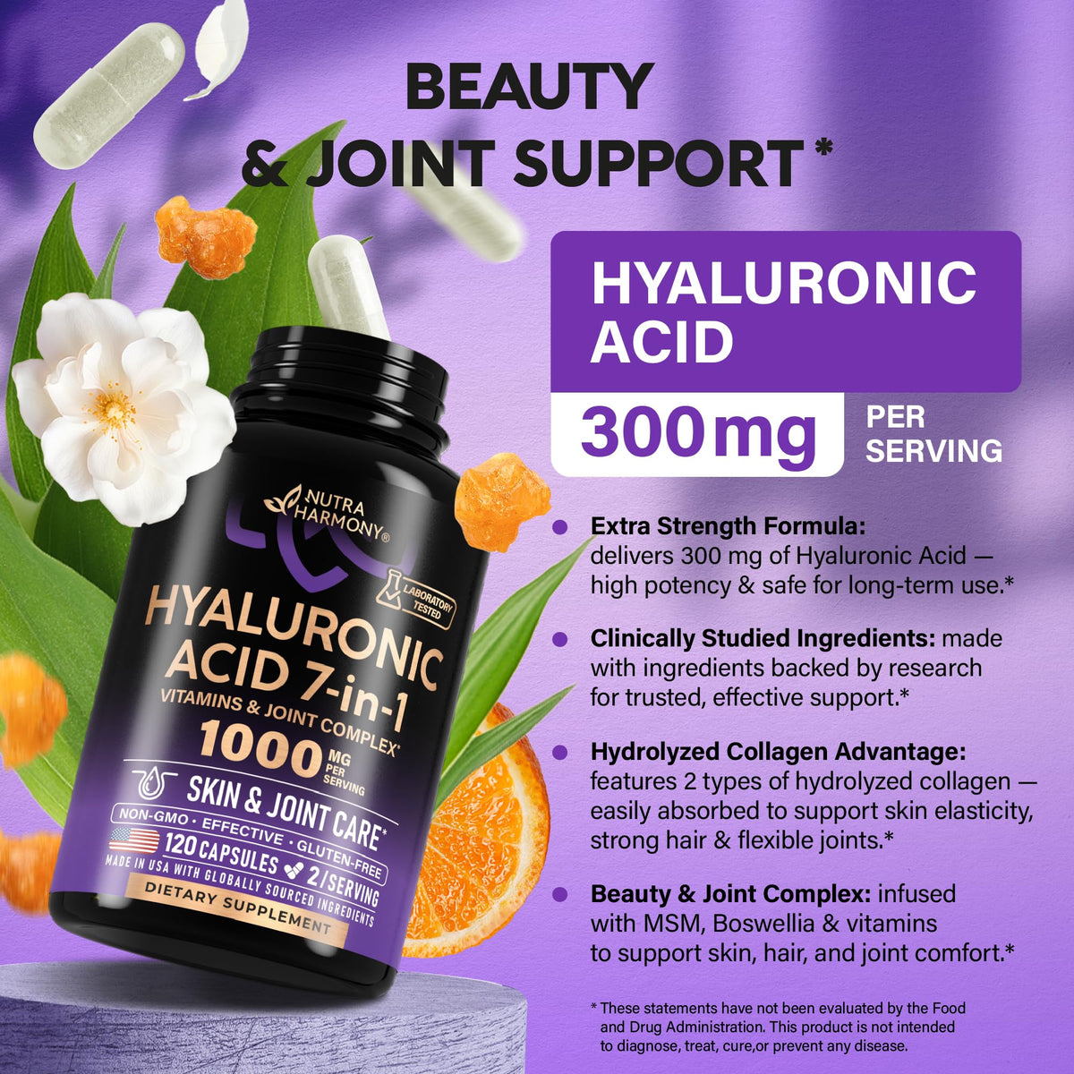 NUTRAHARMONY Acide Hyaluronique 120 capsules sur fond blanc