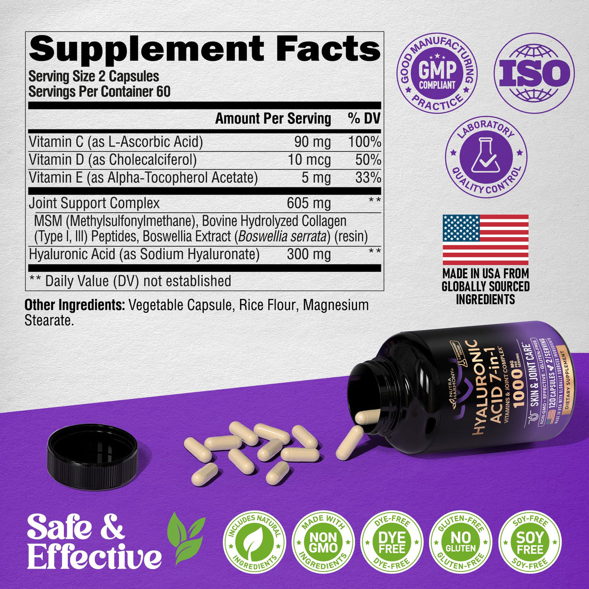 NUTRAHARMONY Acide Hyaluronique 120 capsules sur une table en bois