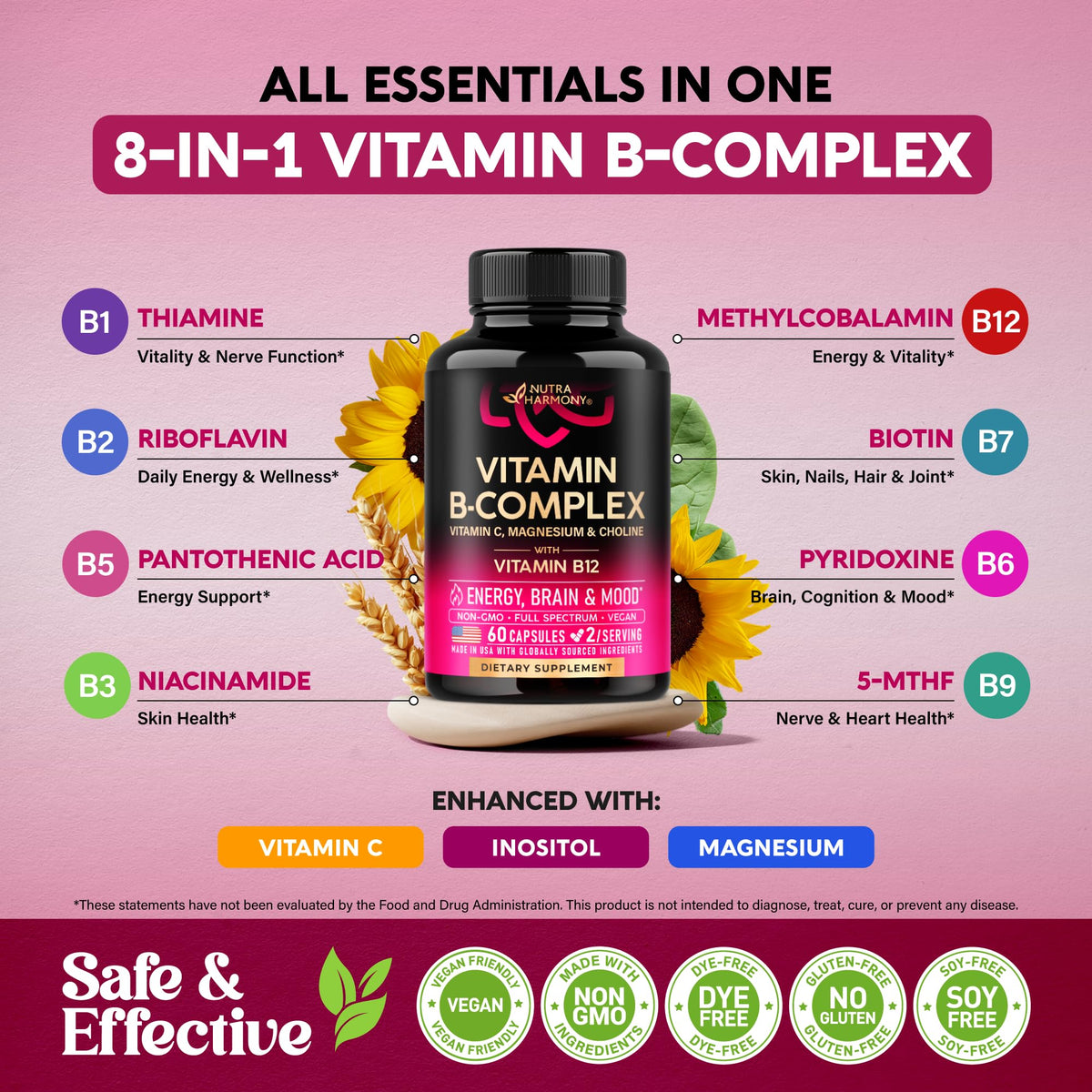 NUTRAHARMONY B-Complex 60 caps sur une table en bois