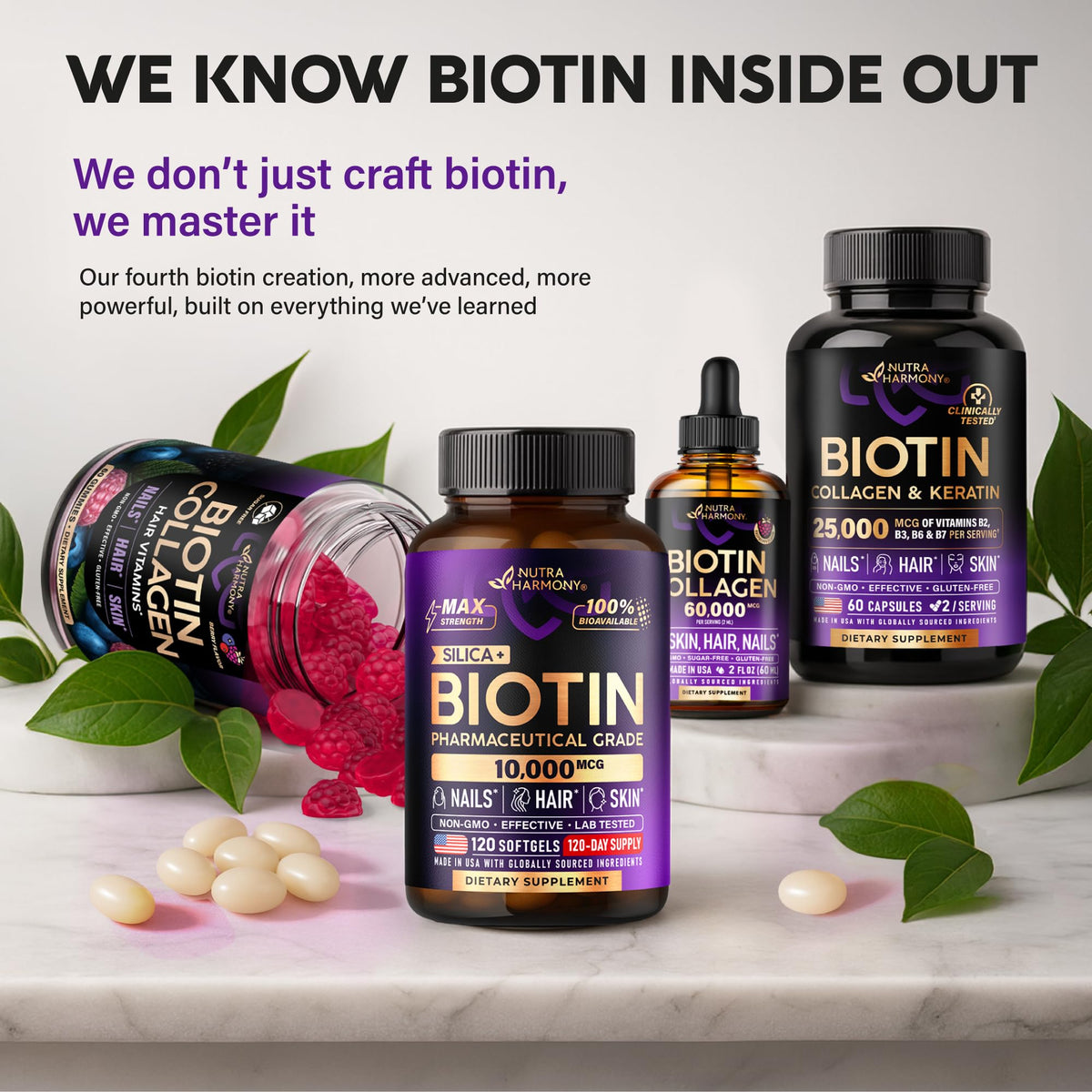 NUTRAHARMONY Biotine & Collagène 60 000 mcg gouttes en main