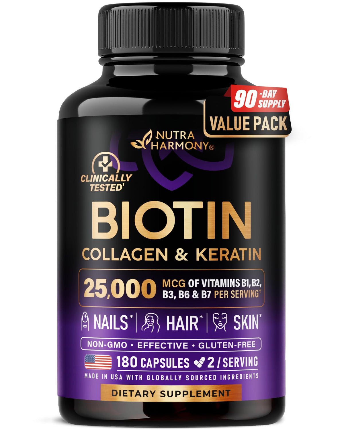 NUTRAHARMONY Biotine Collagène Acide Hyaluronique 180 Caps vue de face