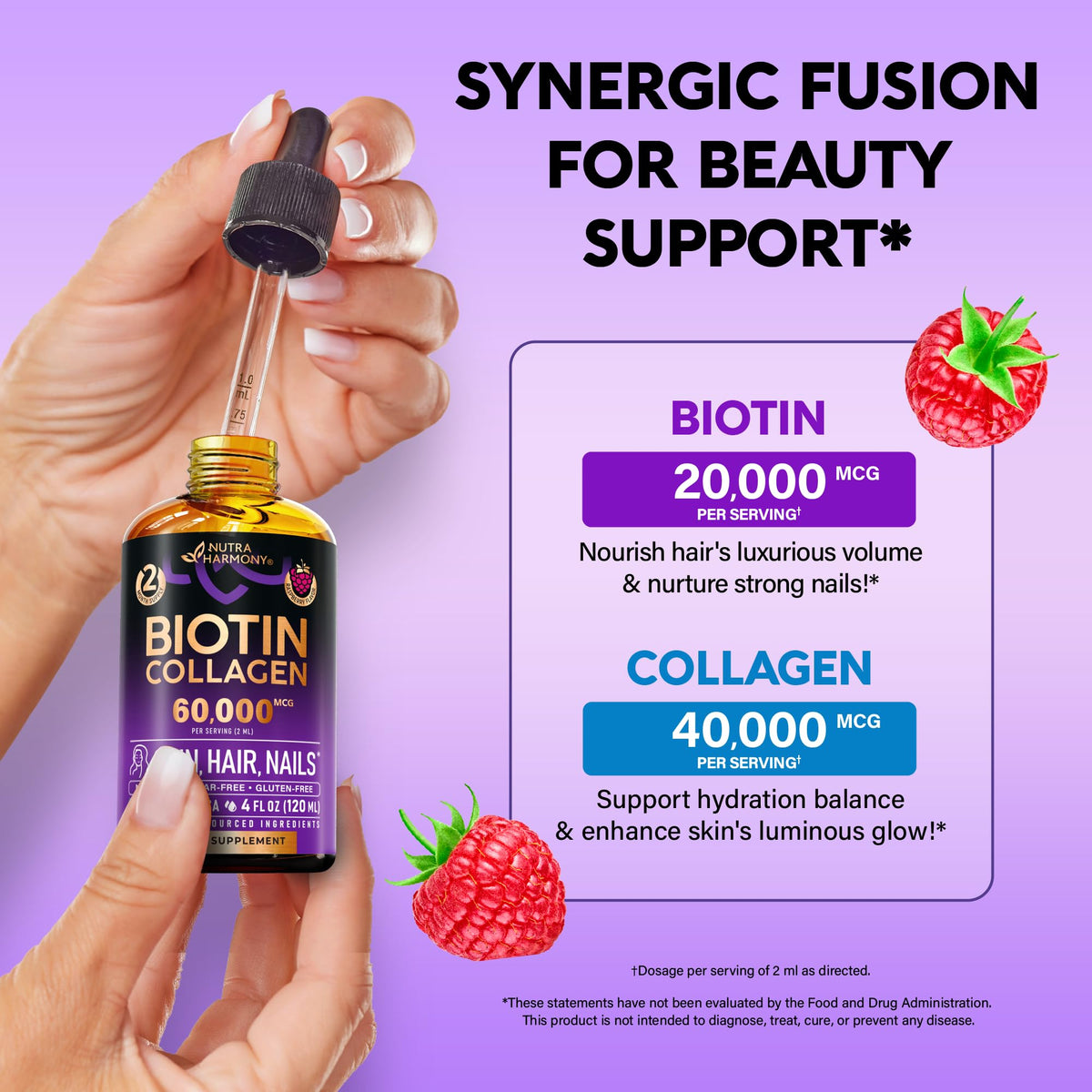 NUTRAHARMONY Biotine et Collagène 60 000 mcg format liquide avec fruits
