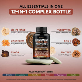 NUTRAHARMONY capsules de champignons sur une table en bois