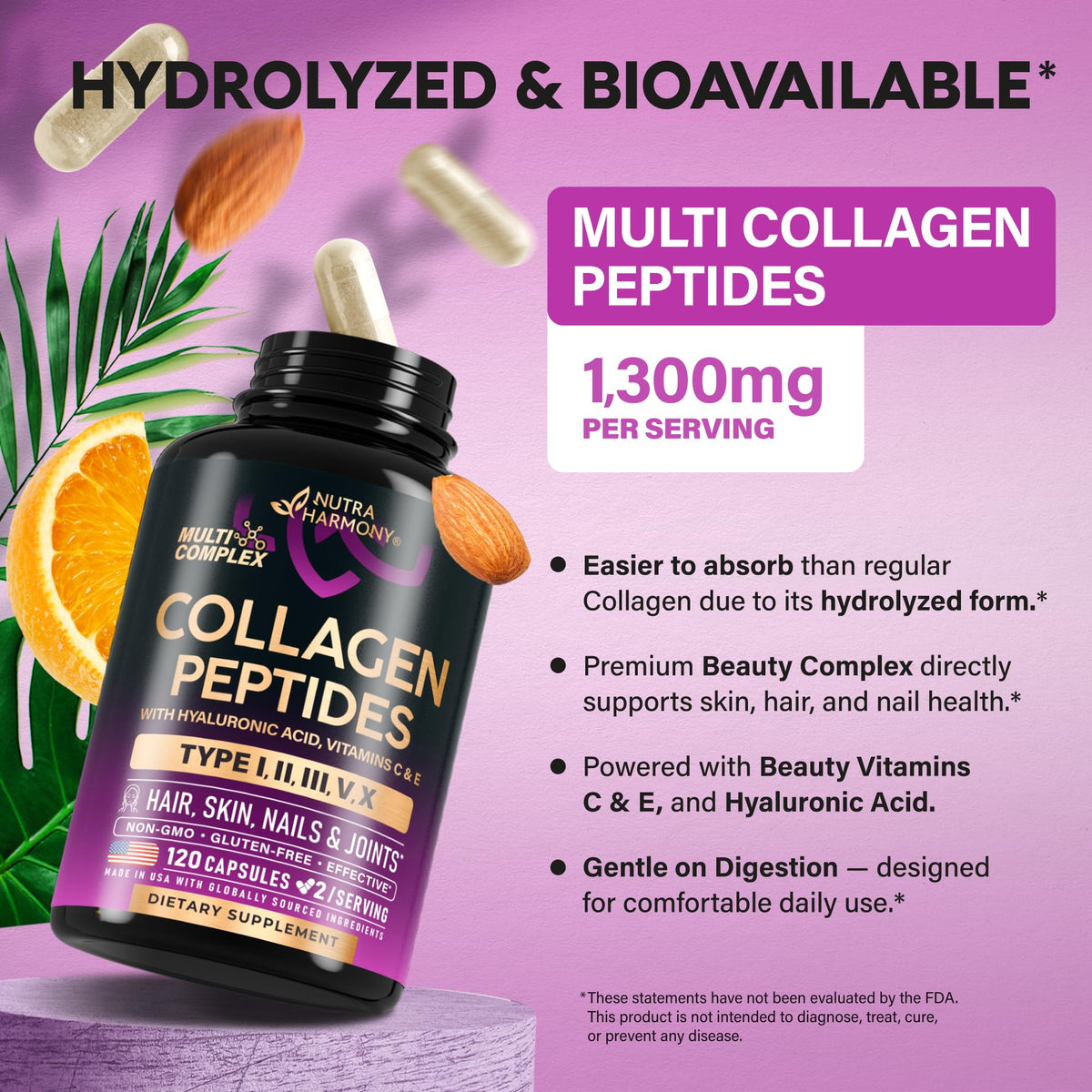 NUTRAHARMONY Collagène Multi Peptides 1300mg avec vitamine C et E