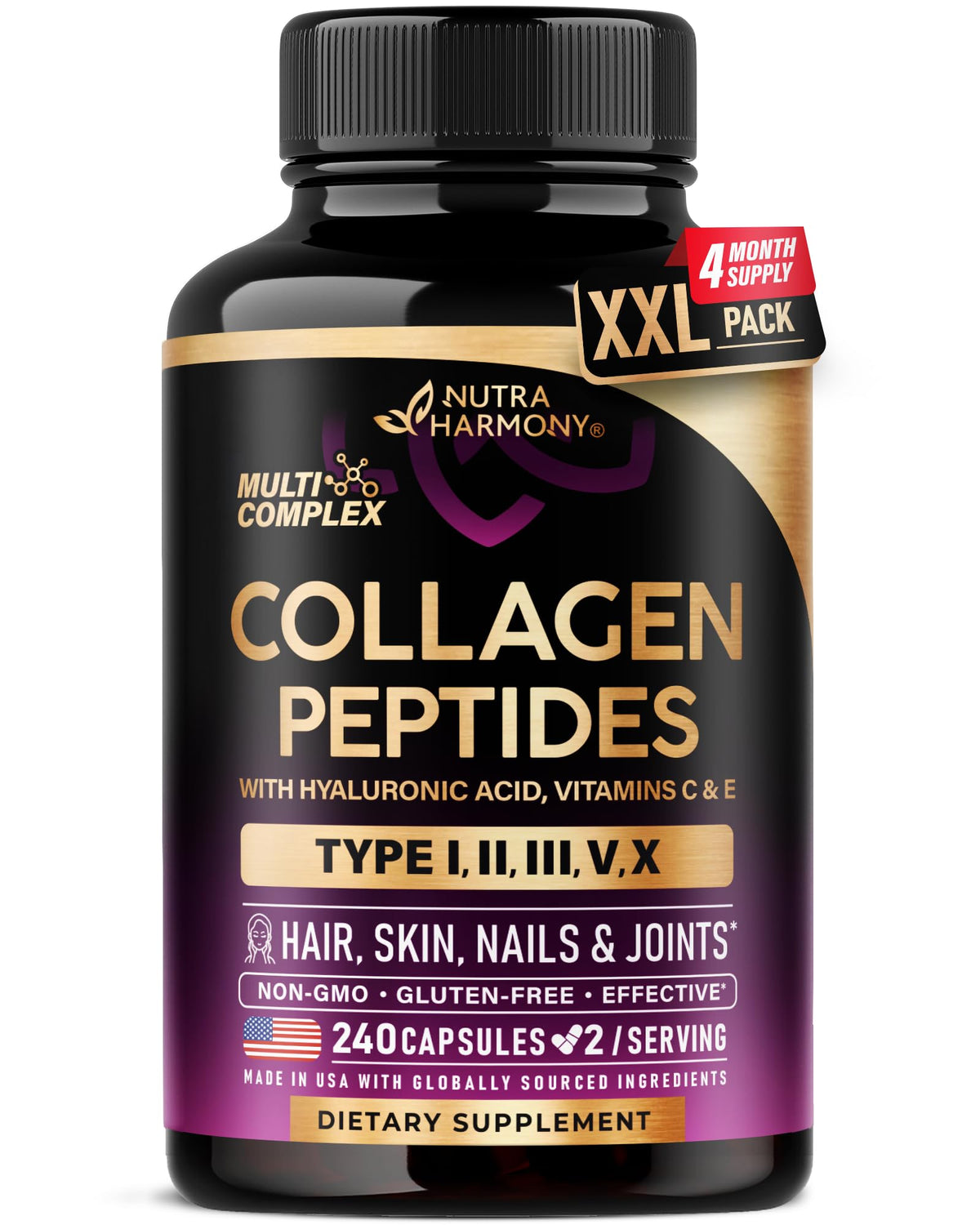 NUTRAHARMONY Collagène Peptides Multicomplex 1300mg 240 Caps vue avant