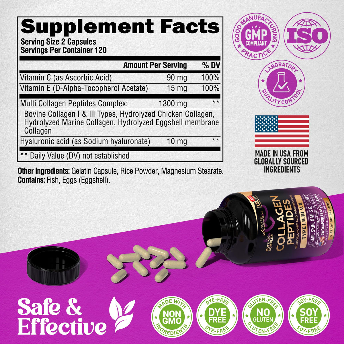 NUTRAHARMONY Collagène Peptides Multicomplex 240 Caps sur un fond neutre