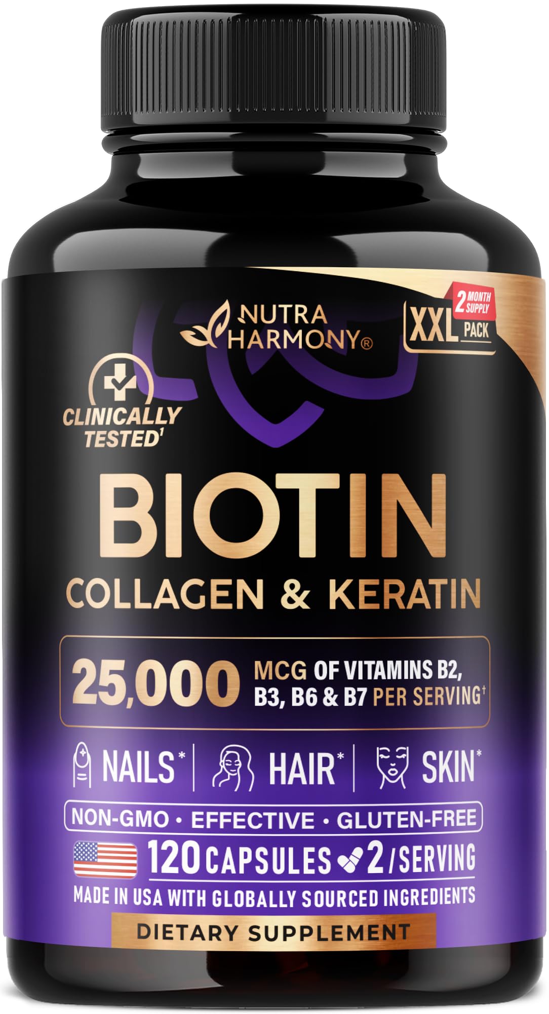 NUTRAHARMONY Complément Alimentaire Biotin, Collagène, Acide Hyaluronique 120 Capsules vue de face