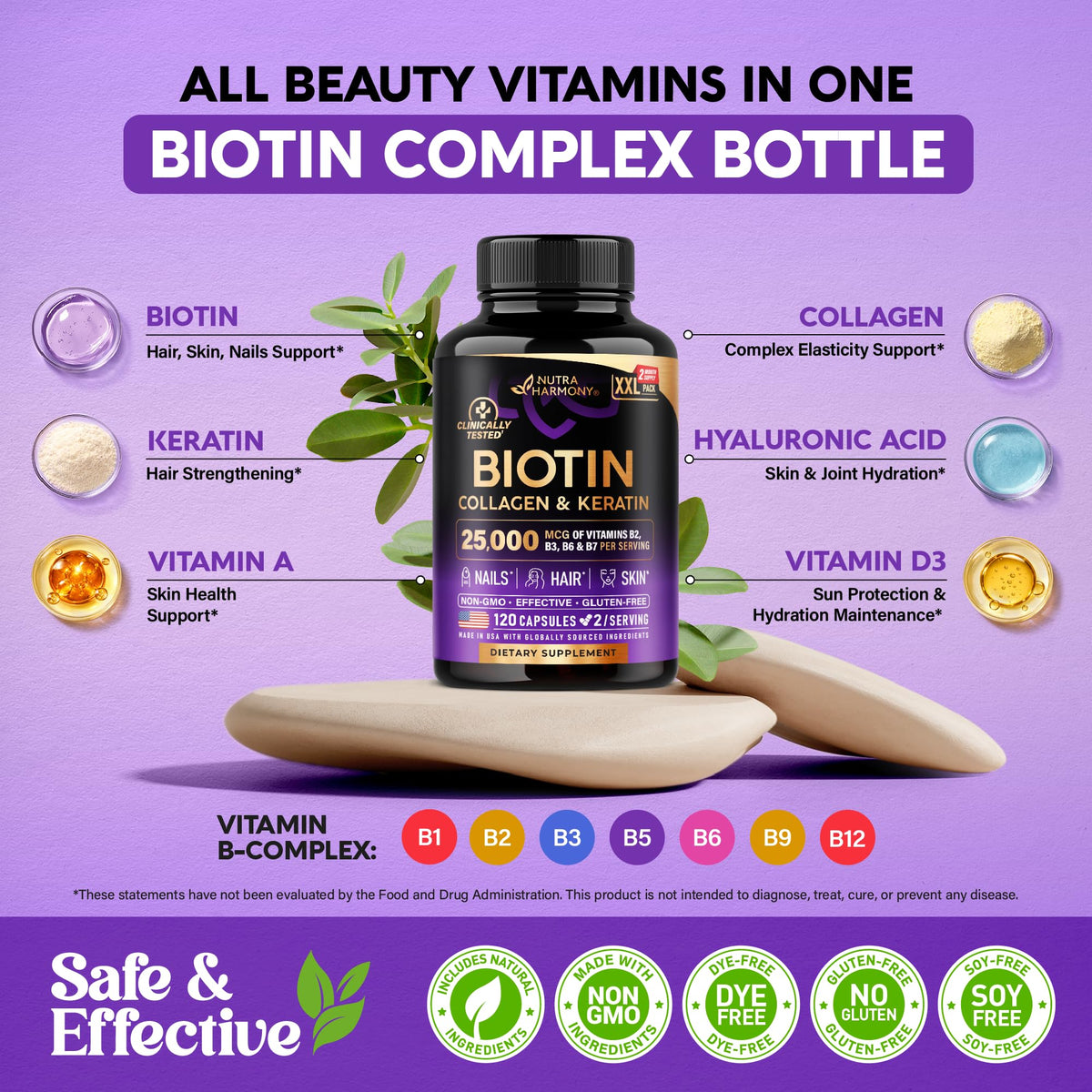 NUTRAHARMONY Complément Alimentaire Biotin, Collagène, Acide Hyaluronique 120 Capsules vue arrière