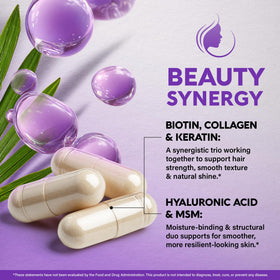 NUTRAHARMONY Complément Alimentaire Biotin, Collagène, Acide Hyaluronique 120 Capsules sur une table