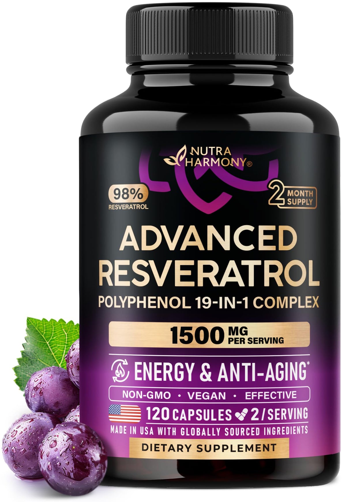 NUTRAHARMONY Complément Alimentaire Resvératrol 120 Capsules vue avant