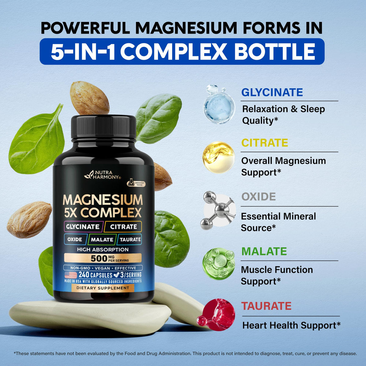NUTRAHARMONY Complexe de Magnésium 5-en-1 240 caps avec dosage