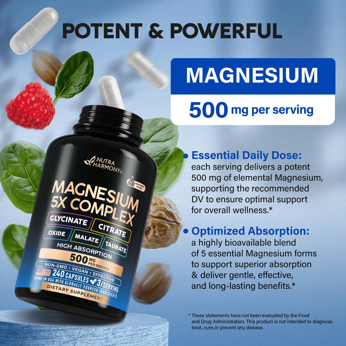 NUTRAHARMONY Complexe de Magnésium 5-en-1 240 caps sur fond blanc