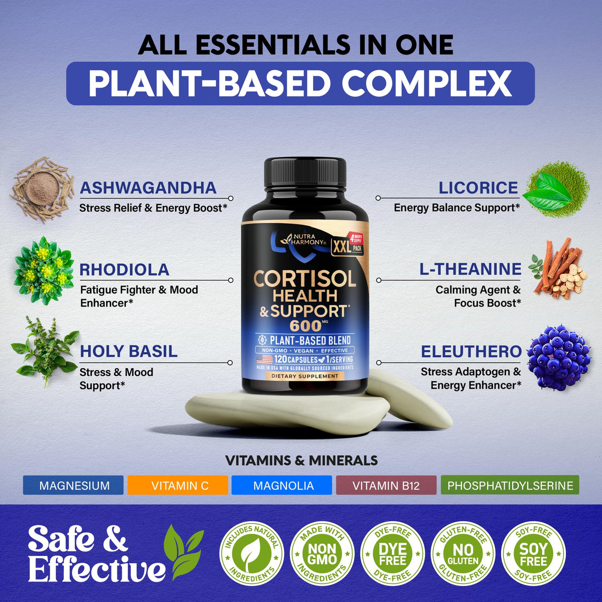 NUTRAHARMONY Complexe de Soutien au Cortisol 120 Capsules avec bouchon ouvert