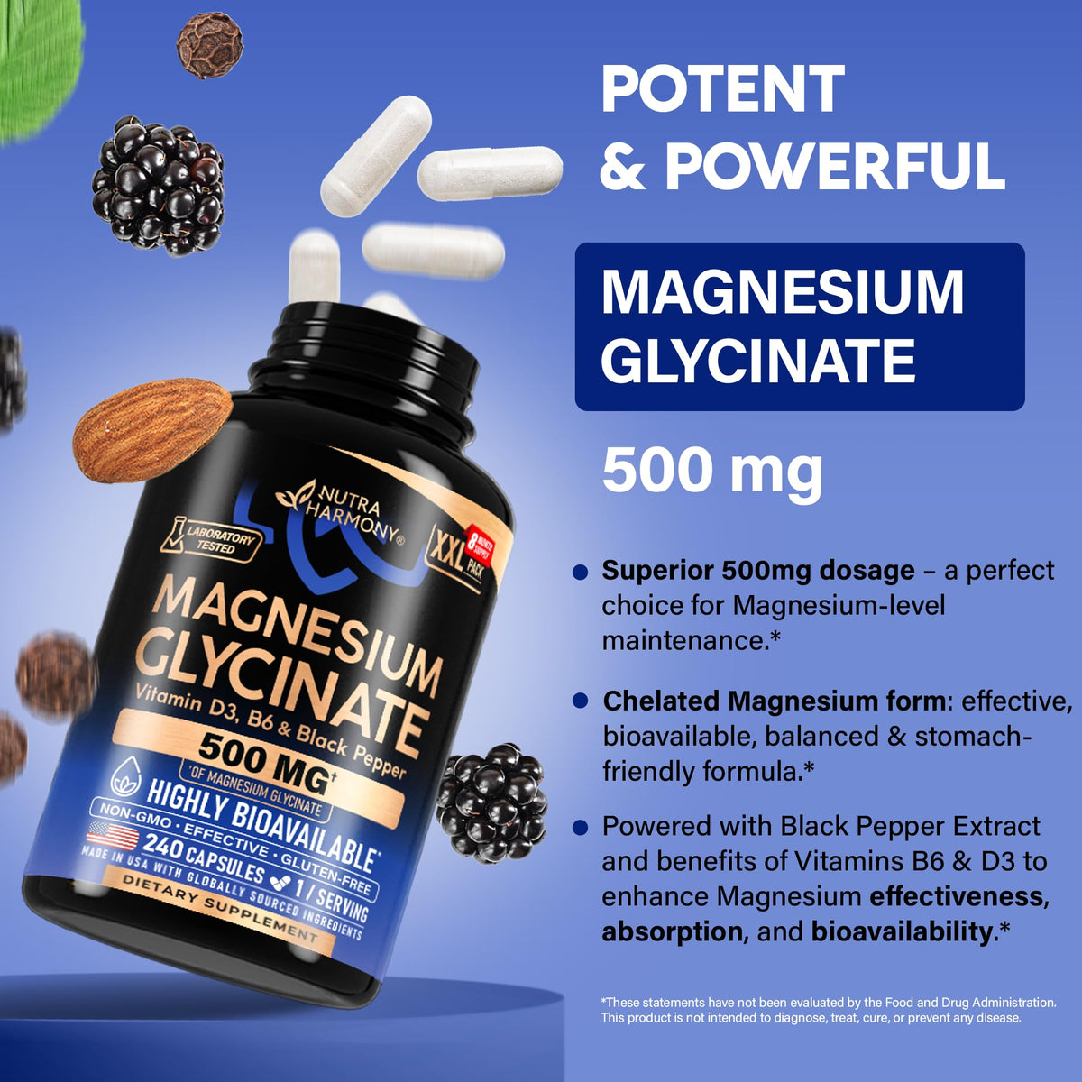 NUTRAHARMONY Glicinate de Magnésium 500 mg 240 capsules avec étiquette