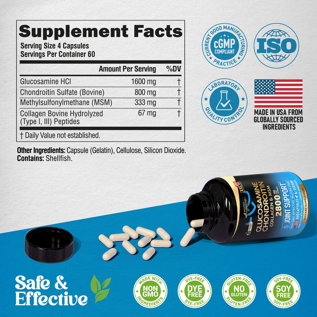 NUTRAHARMONY Glucosamine Chondroitin 2800 mg, flacon ouvert avec capsules