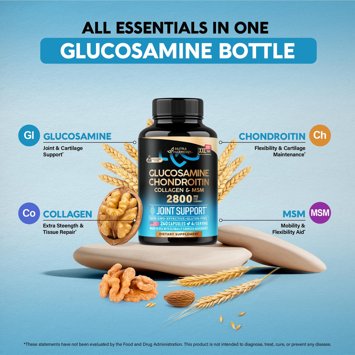 NUTRAHARMONY Glucosamine Chondroitin 2800 mg, vue du flacon et des capsules