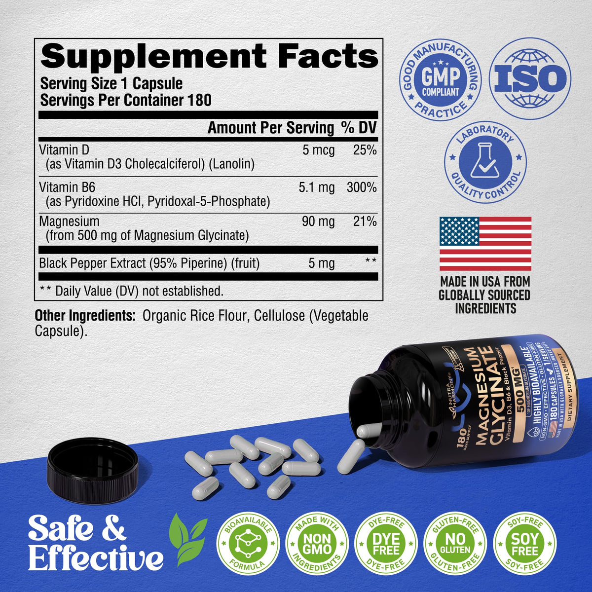 NUTRAHARMONY Glycinate de Magnésium 500 mg 180 capsules ingrédients