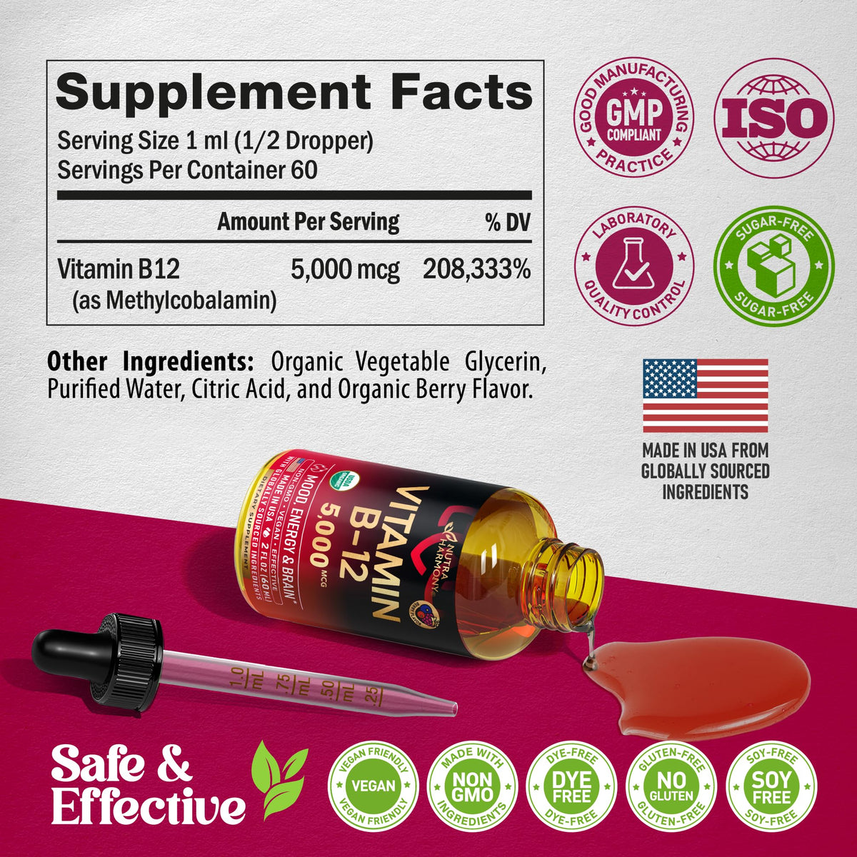 NUTRAHARMONY Gouttes de Vitamine B12 Bio 5000 mcg - goût de baie