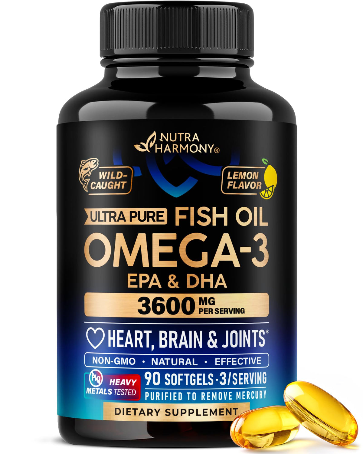 NUTRAHARMONY Huile de Poisson Omega 3 3600 mg 90 gélules molles vue avant