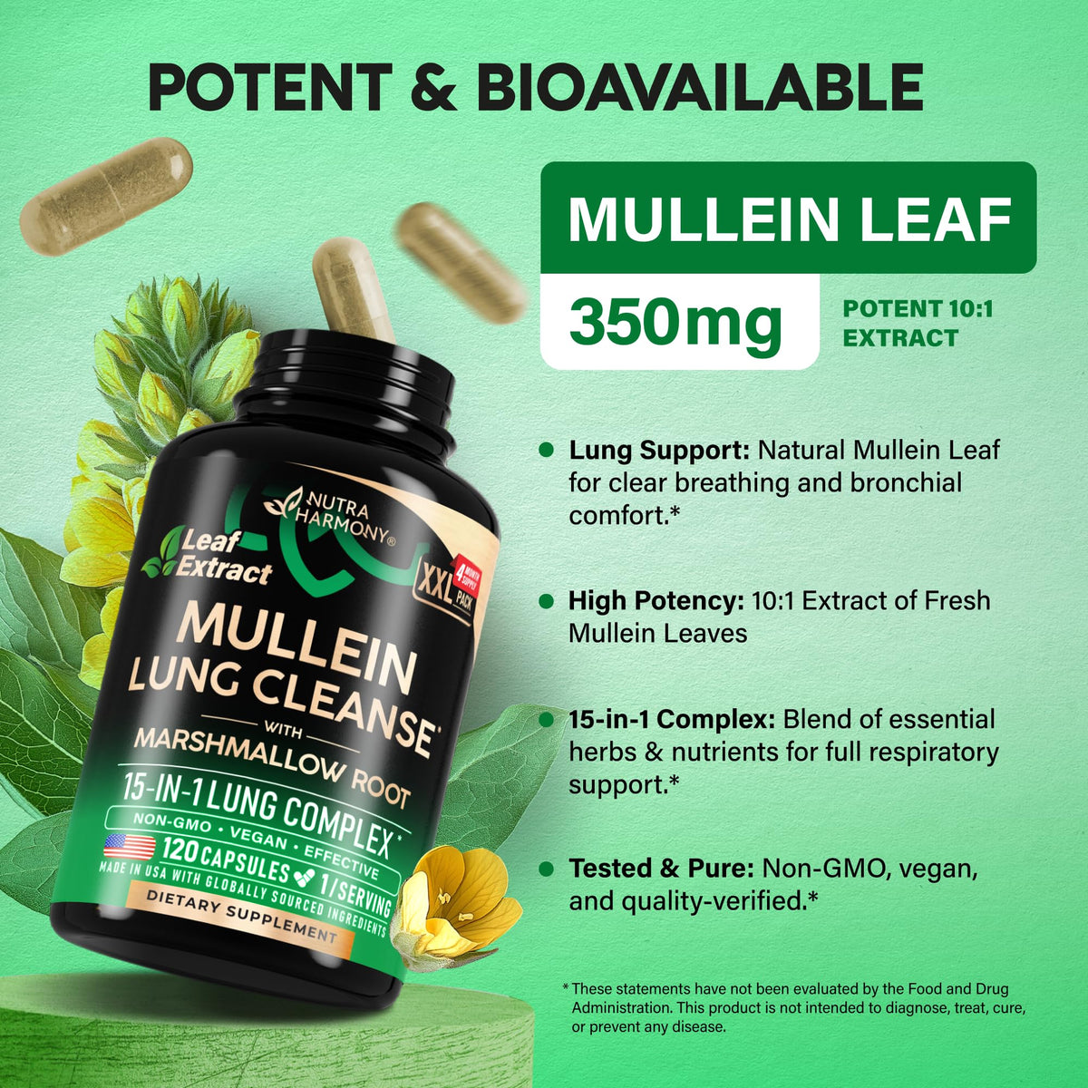 NUTRAHARMONY Mullein 10:1 120 Capsules sur fond blanc
