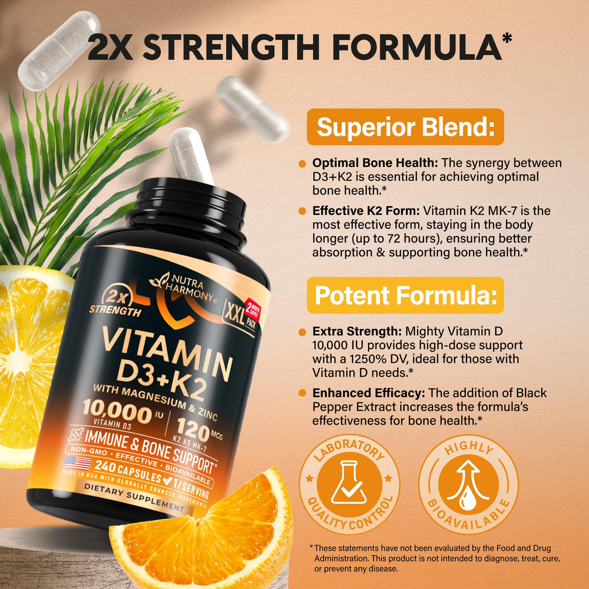 NUTRAHARMONY Vitamine D3 K2 10 000 UI 240 capsules avec étiquette