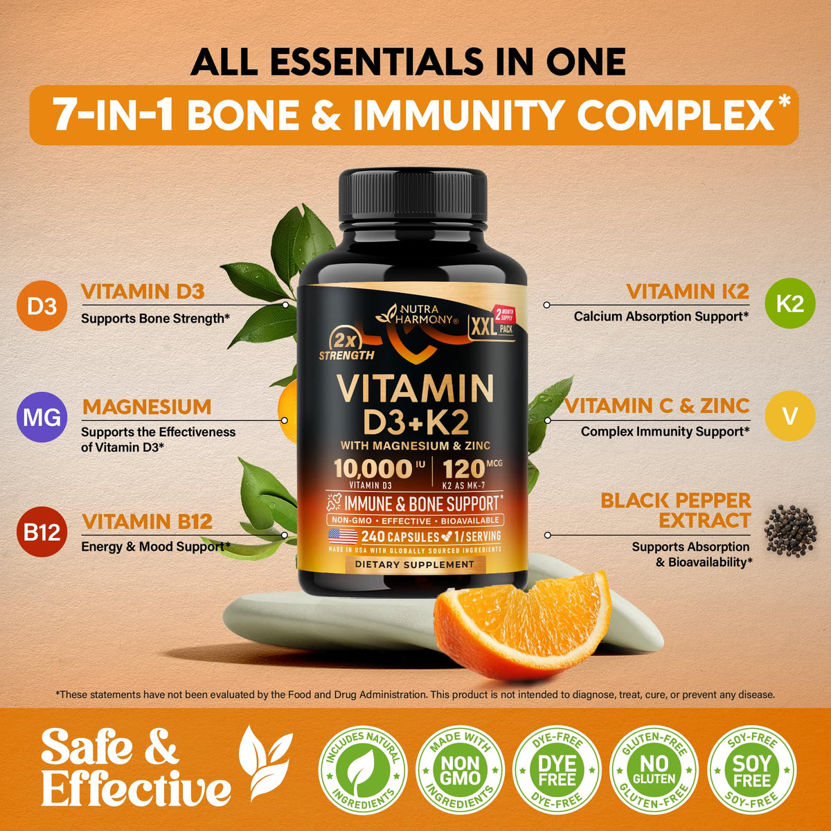 NUTRAHARMONY Vitamine D3 K2 10 000 UI 240 capsules dans un environnement de cuisine