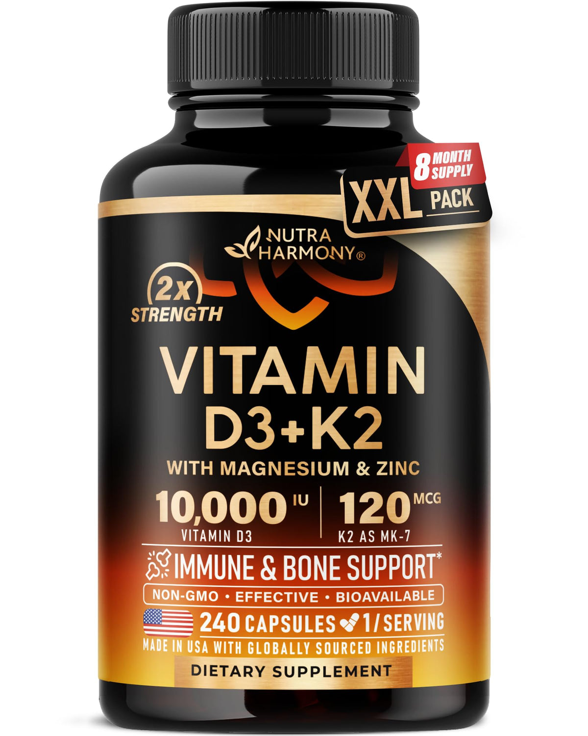 NUTRAHARMONY Vitamine D3 K2 10 000 UI 240 capsules vue de face