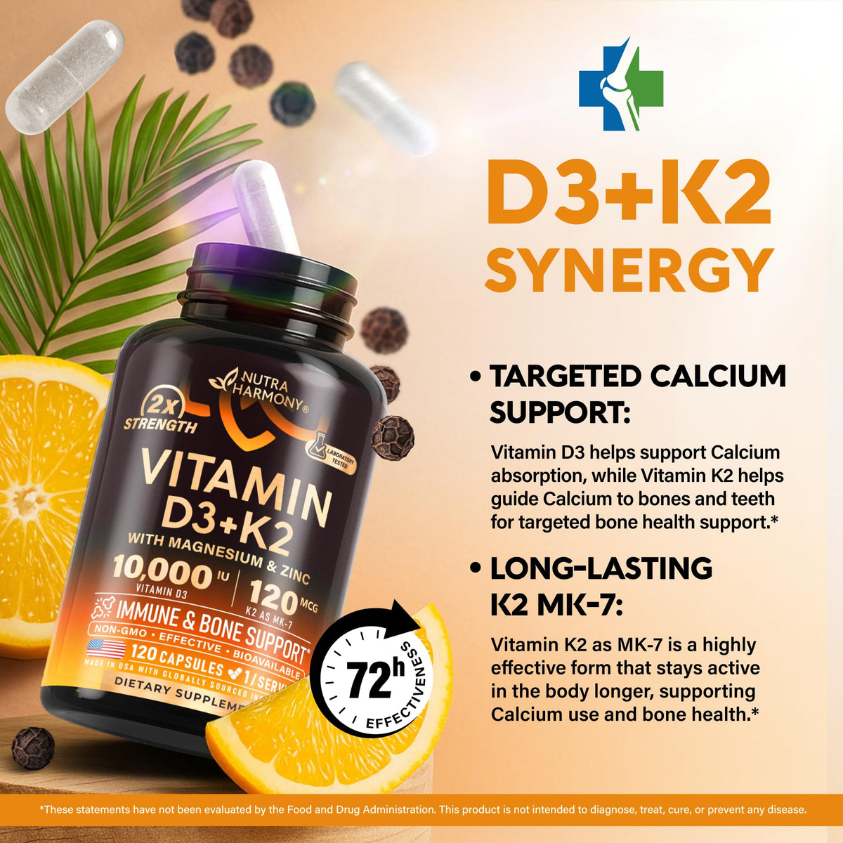 NUTRAHARMONY Vitamine D3 K2 10000 IU 120 Caps - capsules dans le flacon