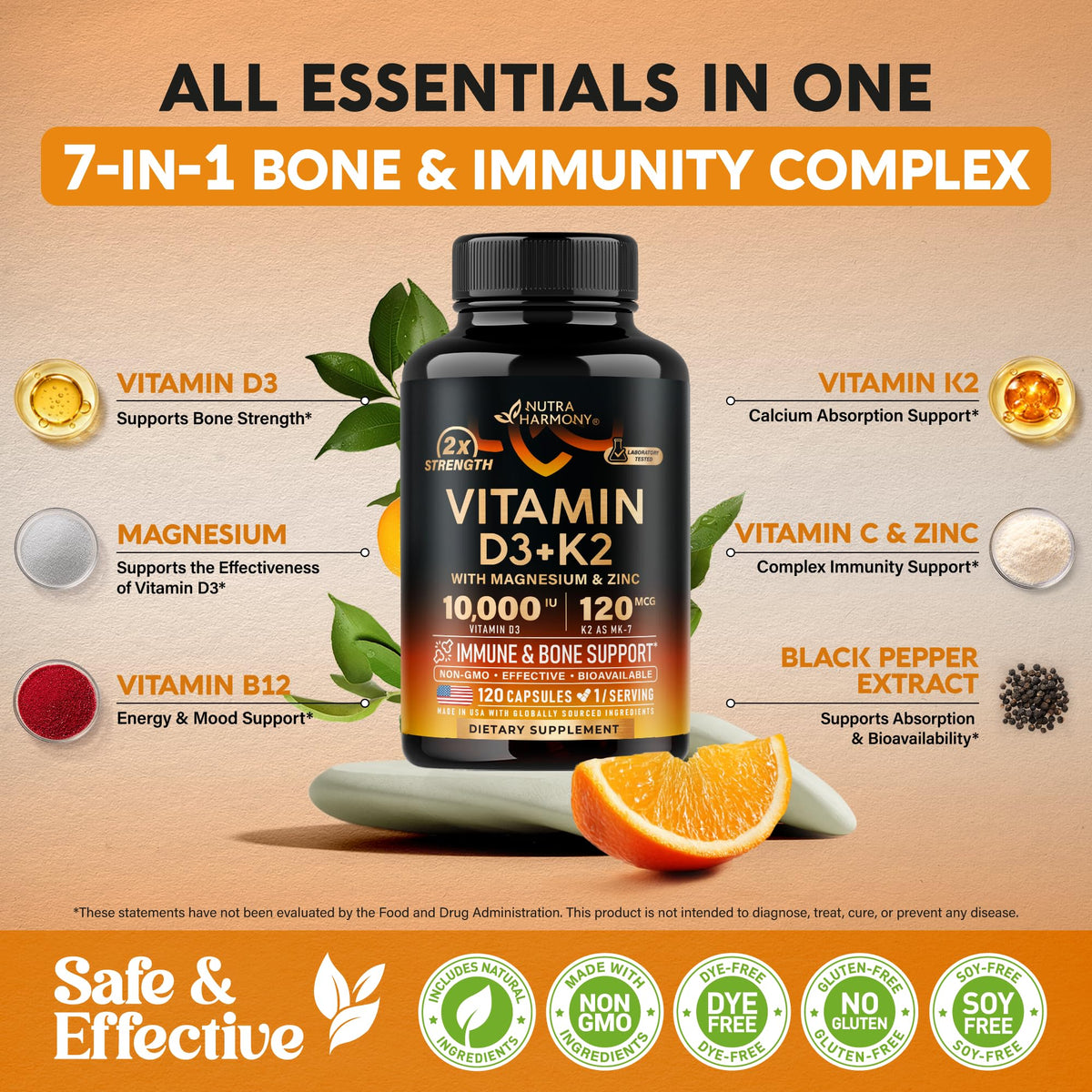 NUTRAHARMONY Vitamine D3 K2 10000 IU 120 Caps - capsules sur une surface