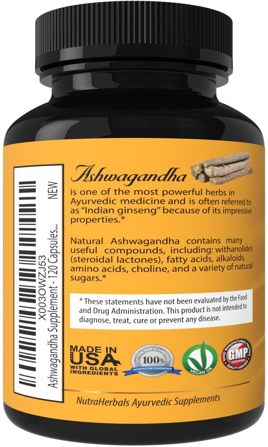 NUTRAHERBALS Poudre de Racine d'Ashwagandha 1200mg flacon arrière avec détails