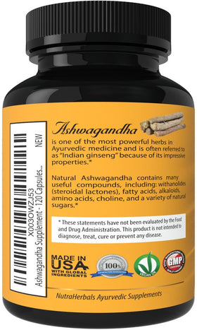 NUTRAHERBALS Poudre de Racine d'Ashwagandha 1200mg flacon arrière avec détails