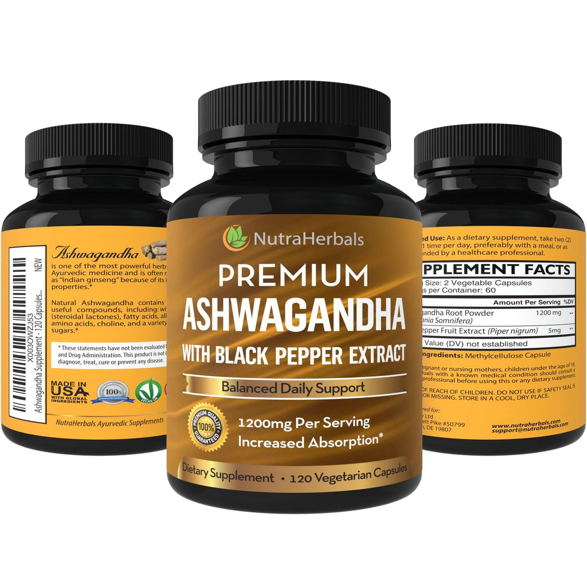 NUTRAHERBALS Poudre de Racine d'Ashwagandha 1200mg flacon ouvert avec gélules
