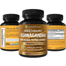 NUTRAHERBALS Poudre de Racine d'Ashwagandha 1200mg flacon ouvert avec gélules