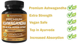 NUTRAHERBALS Poudre de Racine d'Ashwagandha 1200mg gélules sur fond blanc