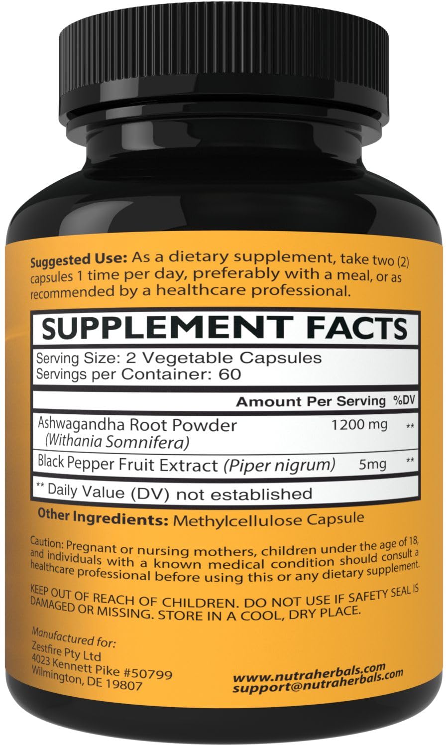 NUTRAHERBALS Poudre de Racine d'Ashwagandha 1200mg gélules végétales