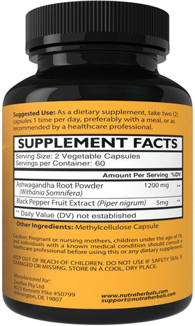 NUTRAHERBALS Poudre de Racine d'Ashwagandha 1200mg gélules végétales