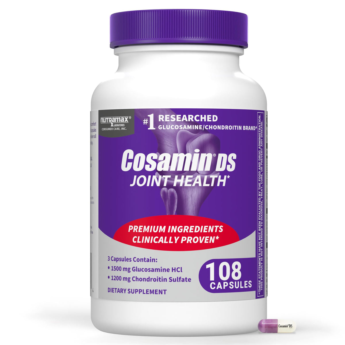 Nutramax Cosamin DS 108 capsules vue de face avec une étiquette détaillée