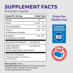 Nutramax Cosamin DS 180 capsules vue arrière avec ingrédients