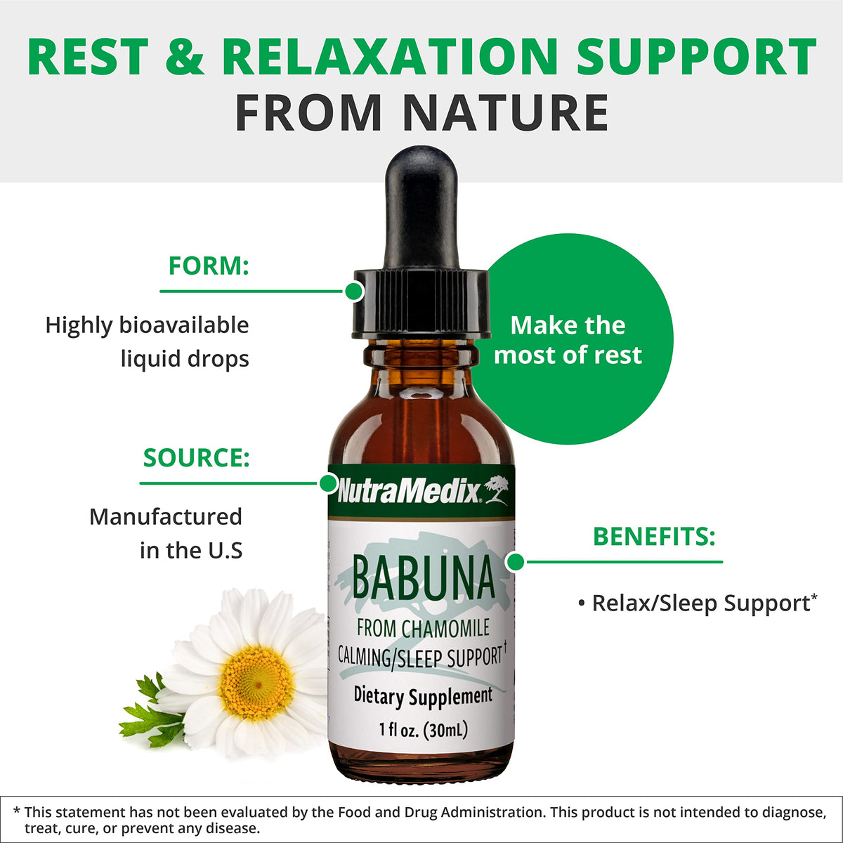 NutraMedix Babuna Calm Drops flacon ouvert avec gouttes