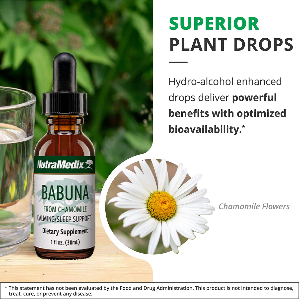 NutraMedix Babuna Calm Drops sur une table en bois